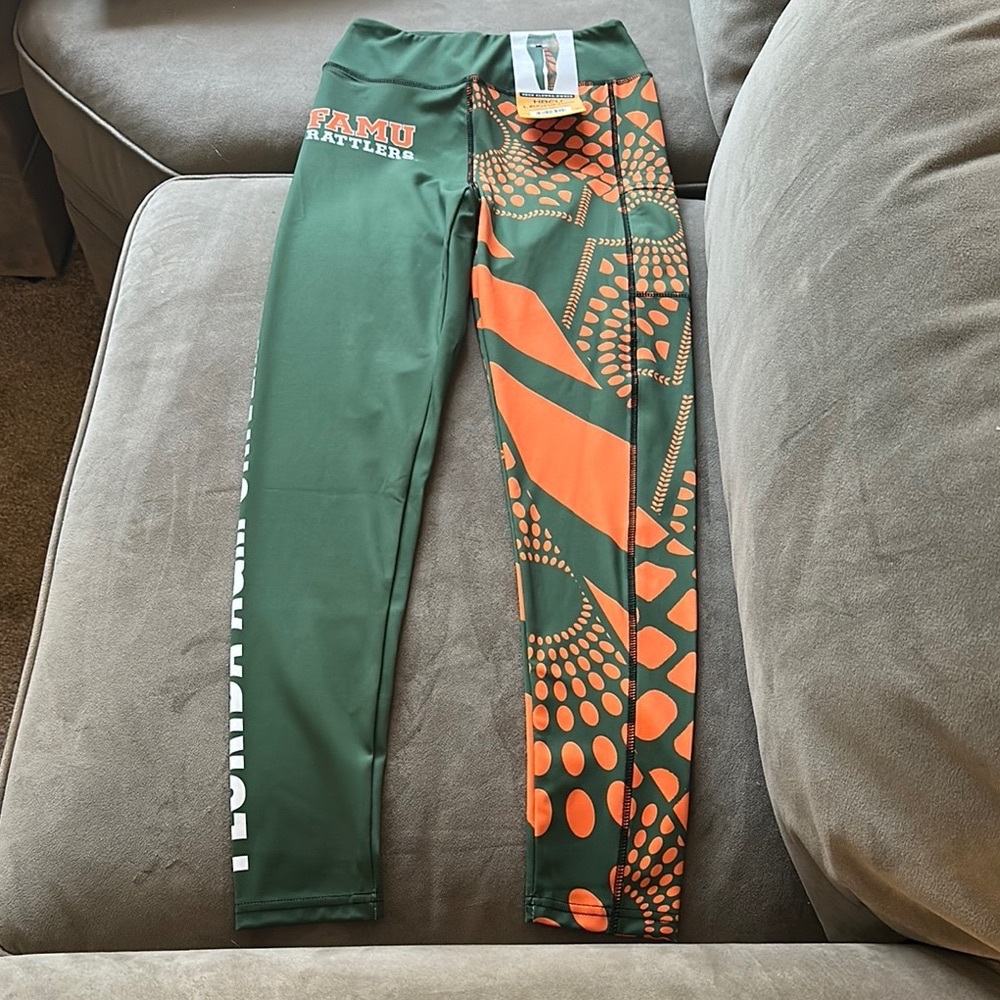 FAMU Rattlers Green and Orange Asymmetrical Patterned Leggings -NWT FLORIDA A&M